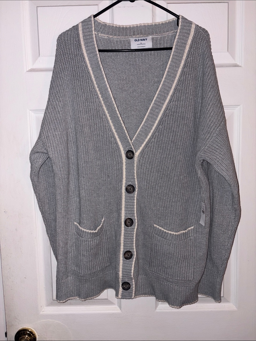 Old Navy Gray Cardigan with Cream Trim
